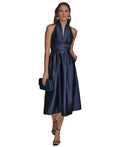 Karan New York Cocktail Dress 10 Halter Taffeta A-Line Midi Navy Blue NEW