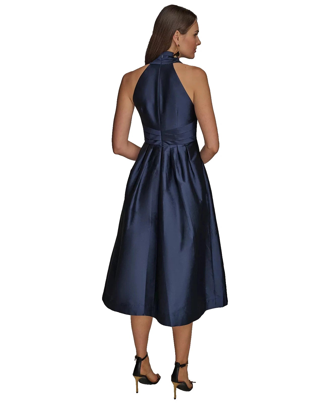 Karan New York Cocktail Dress 10 Halter Taffeta A-Line Midi Navy Blue NEW